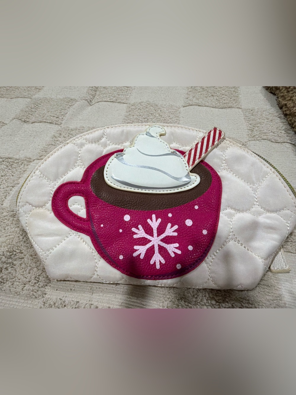 Betsey Johnson Pink Quilted Hot Cocoa Coin Purse with Whip and Candy Straw